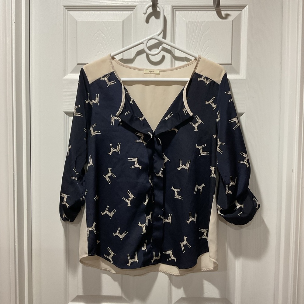Cute Zebra Print Navy Blue & Cream Blouse top with rollup sleeves shirt